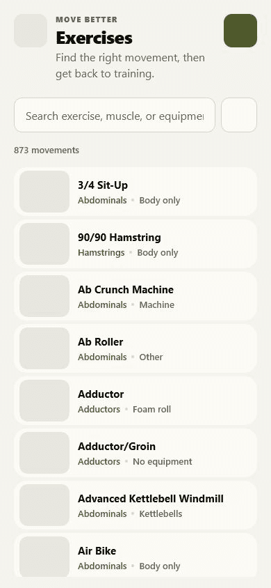Jijibisha exercise library screen with a search field and a list of exercises, muscles and equipment