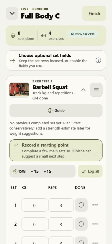 Jijibisha live workout screen showing a Full Body C workout, exercise controls and set logging fields