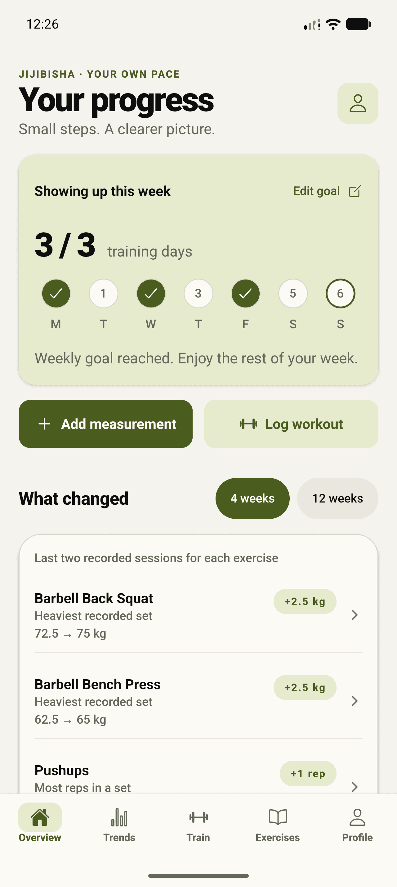 Jijibisha progress overview showing weekly training days and comparisons for squat, bench press and pushups using example history