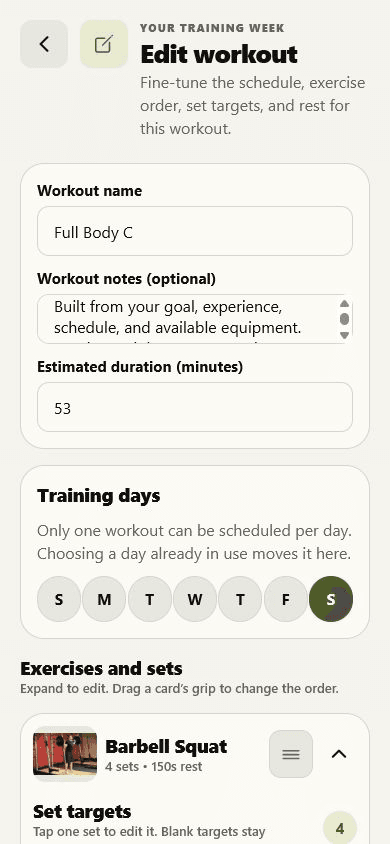 Jijibisha routine editor showing a workout name, training day choices, Barbell Squat and set targets